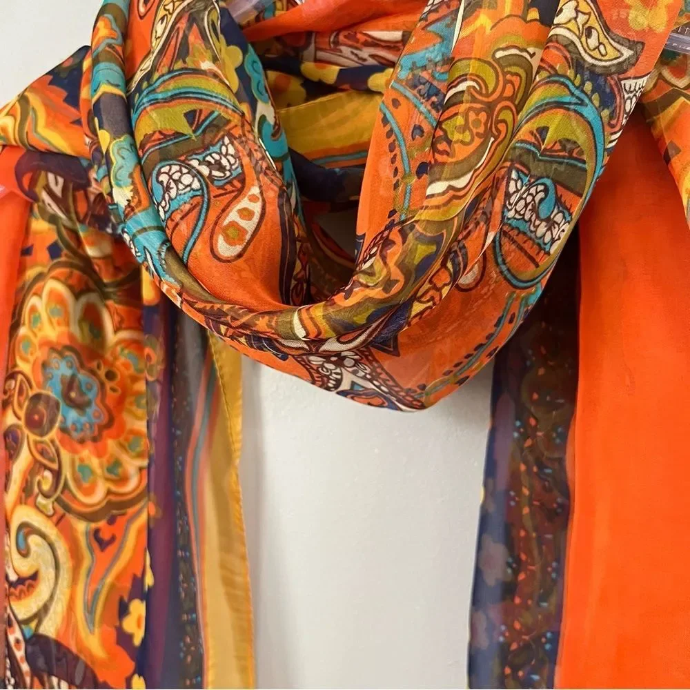 Scarf Large Multi Color Orange Yellow Layering Paisley Scarf Shawl
